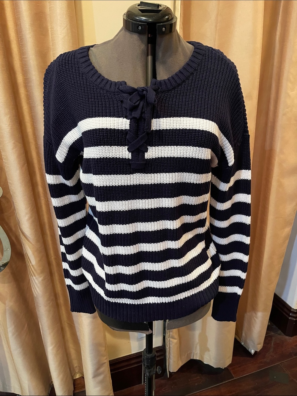 NWT Belle by Belidini Navy and White Striped Tie-Neck Sweater (S)